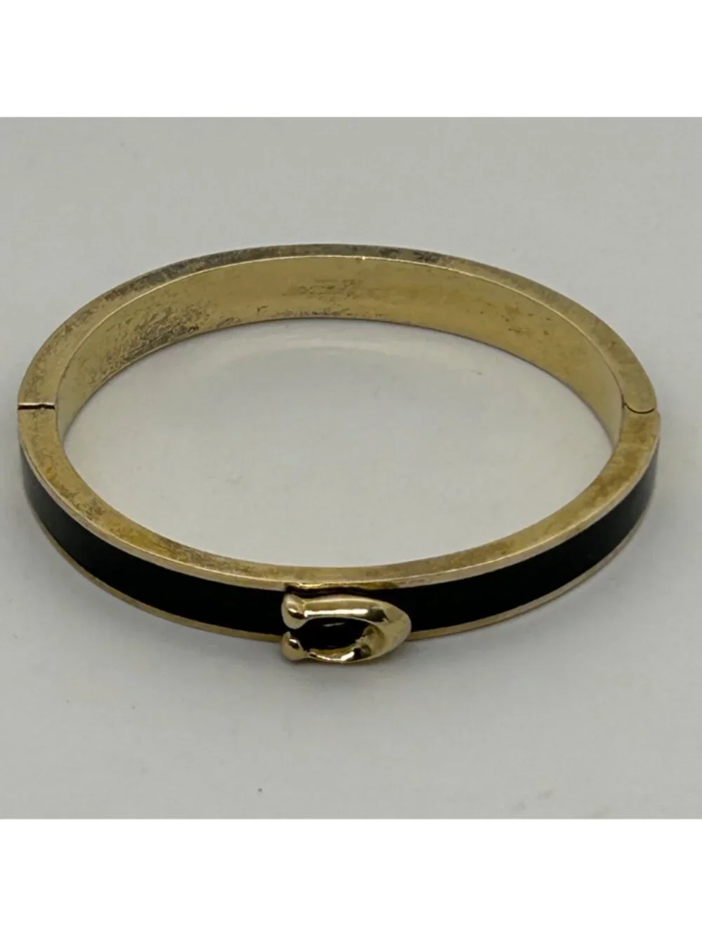 Coach Gold-Tone Black Bracelet Enamel Signature C Logo Hinged Bangle 6 3/4 in.